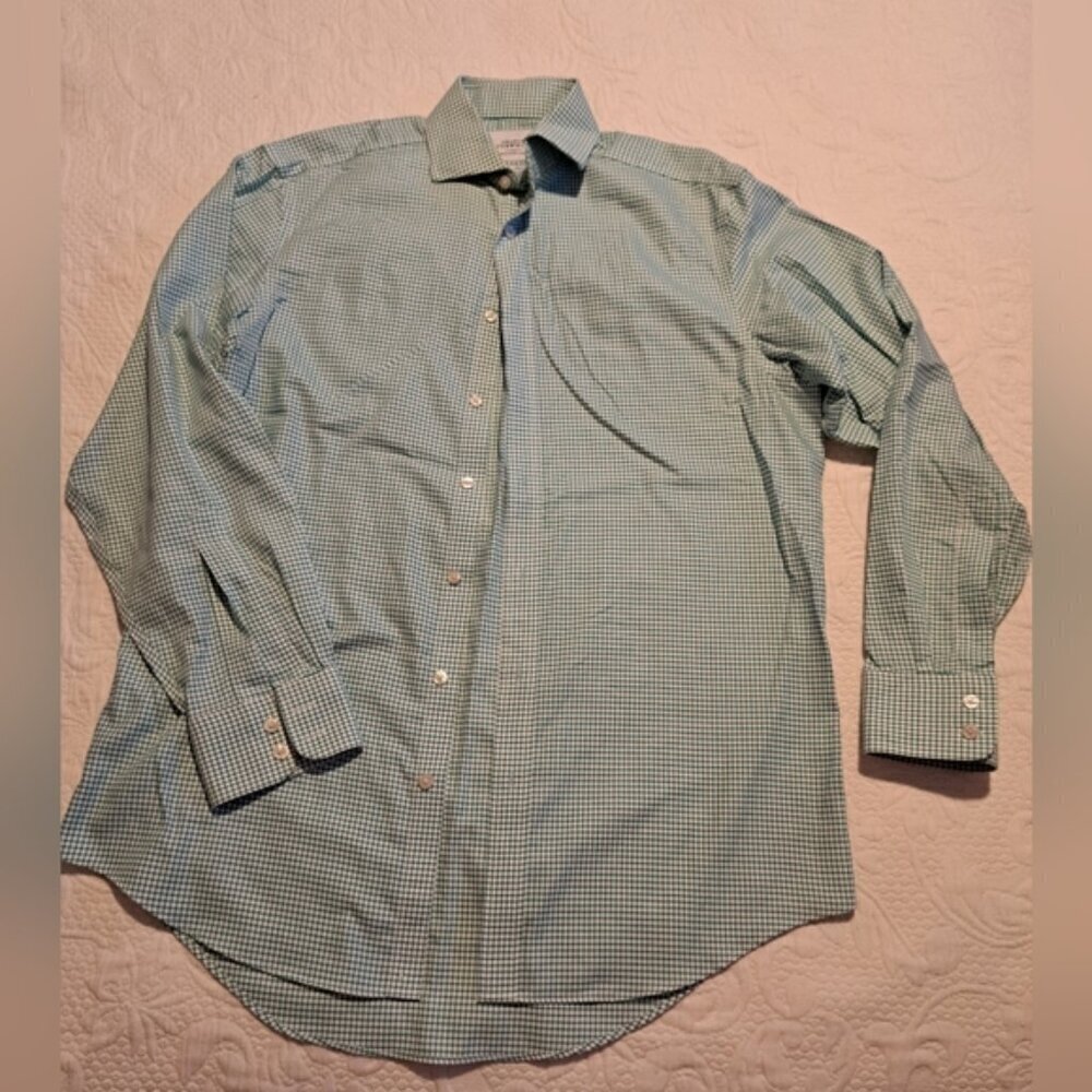 Charles Tyrwhitt men's size 16 - 35 green & white button down shirt EUC